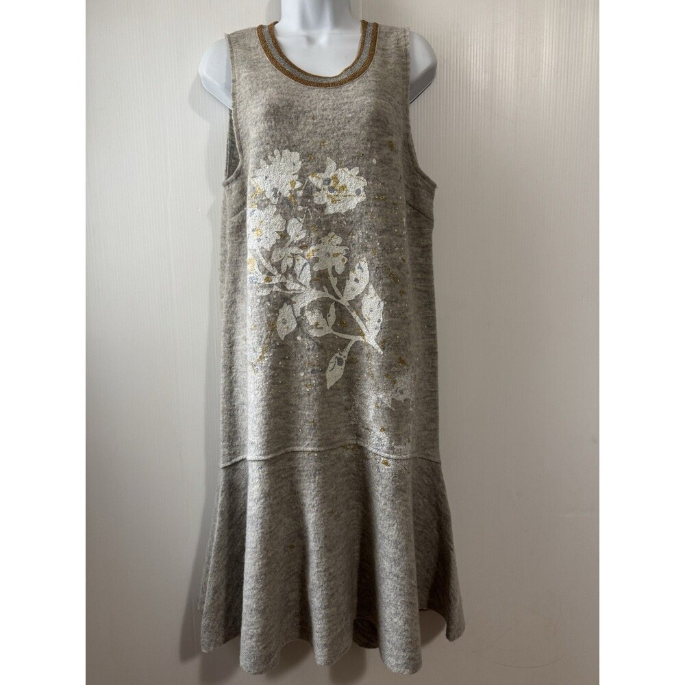 Anthropologie Knitted & Knotted Gray Floral Sweater Knit Dress Sz M 100% Wool